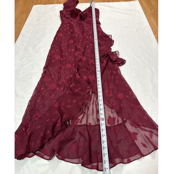 Lulus Womens XS Forever Be Burgundy Floral Jacquard Ruffles Maxi Dress Cocktail - Picture 10 of 11